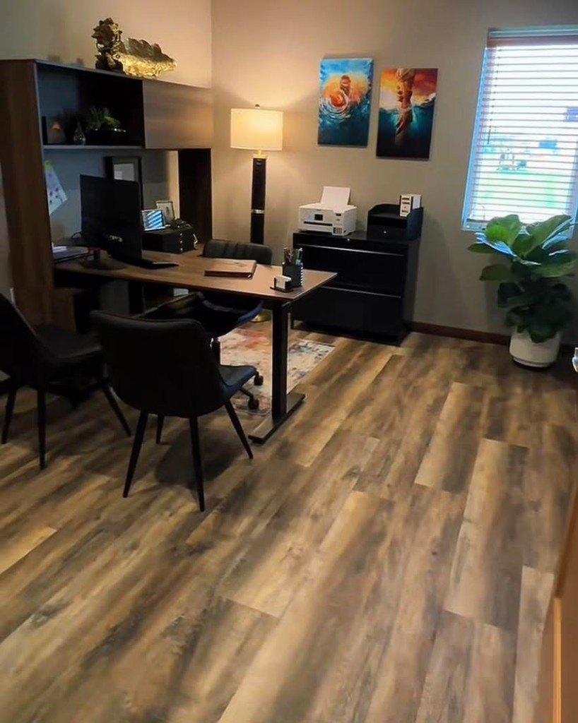 Wood look plank flooring in an office at Barefoot Flooring, Grand Forks